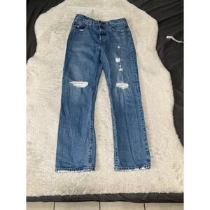 Levi's 501 Premium Womens Blue Button Fly Ripped Straight Jeans Size 28x30 Pants